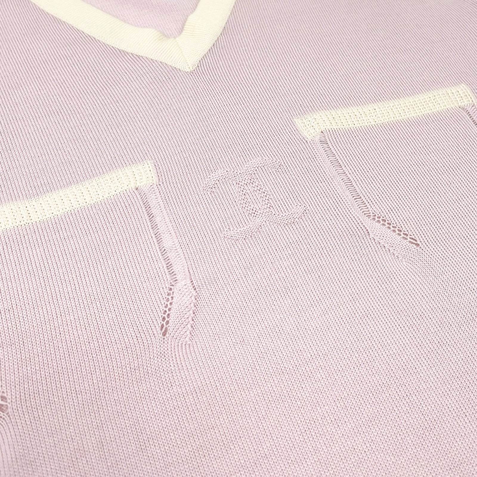 CHANEL Vintage 04C CC Logo Knit Sweater Top #38 Pocket Pink Cream Cashmere