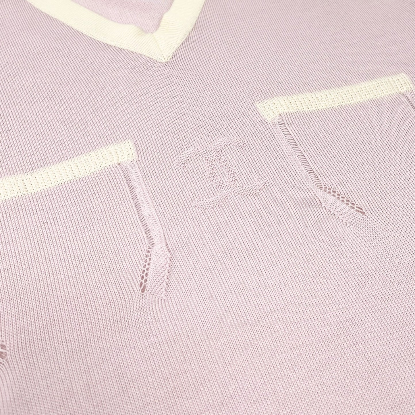 CHANEL Vintage 04C CC Logo Knit Sweater Top #38 Pocket Pink Cream Cashmere