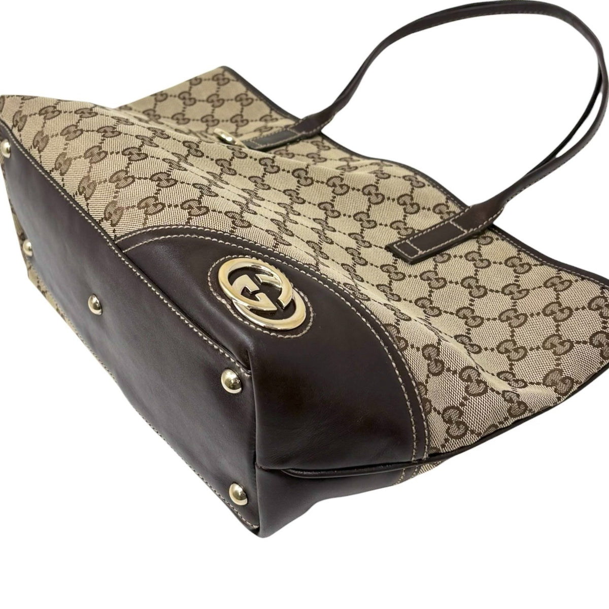 GUCCI Vintage GG Monogram Tote Shoulder Bag Brown Beige Canvas Leather 902323