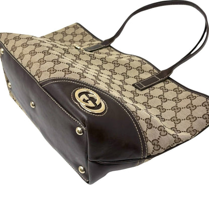 GUCCI Vintage GG Monogram Tote Shoulder Bag Brown Beige Canvas Leather 902323