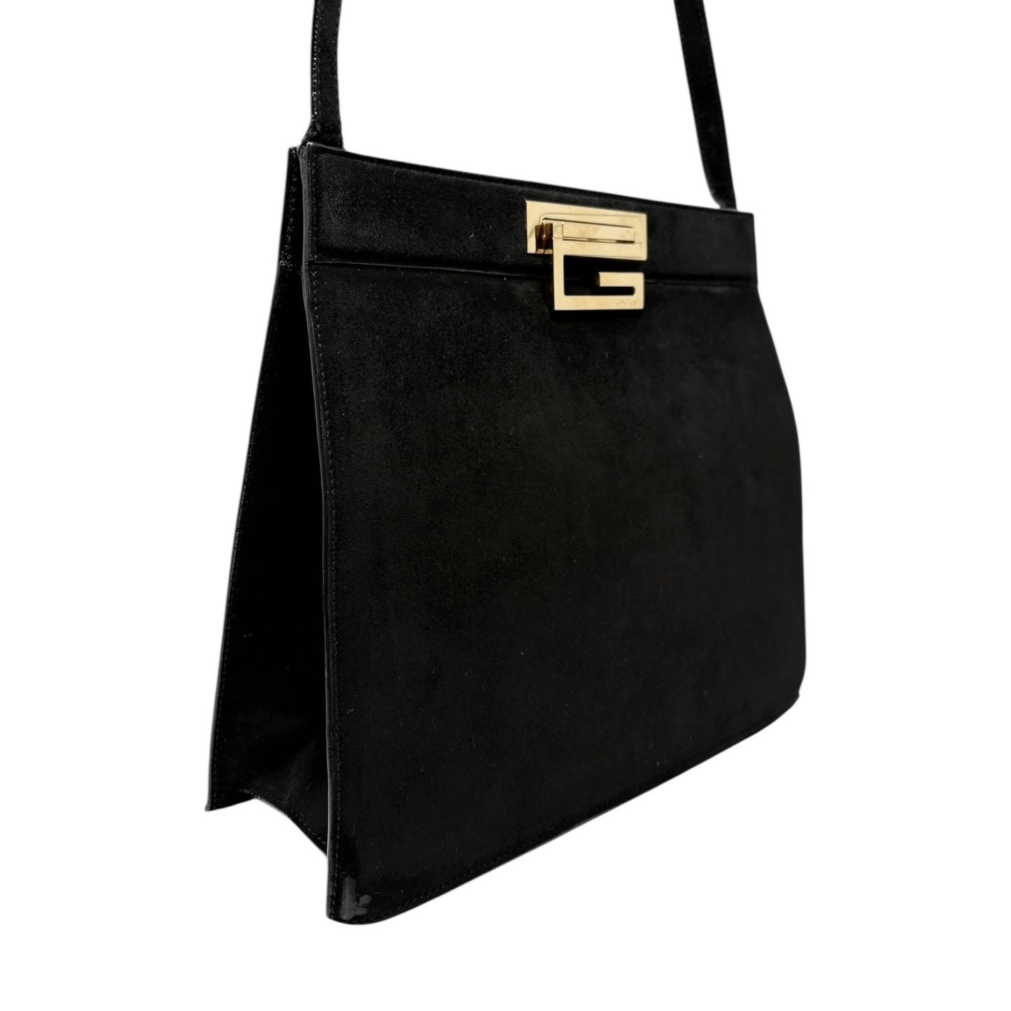 GUCCI Vintage G Square Logo Shoulder Bag Handbag Black Gold Suede Leather