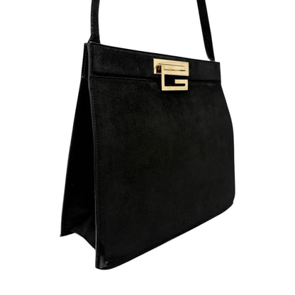 GUCCI Vintage G Square Logo Shoulder Bag Handbag Black Gold Suede Leather