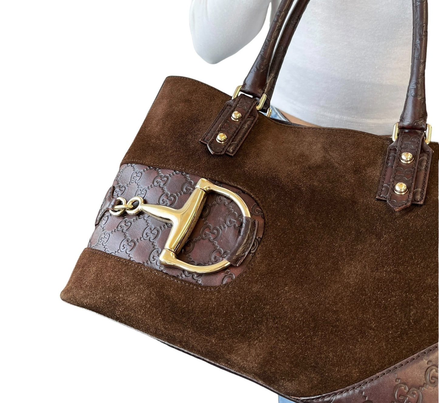 GUCCI Vintage GG Monogram Horsebit Suede Shoulder Bag Tote Brown Gold Leather