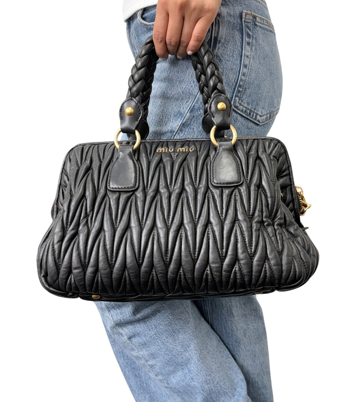 Miu Miu Vintage Quilted Tote Top Handle Bag Black Gold Leather Zip 902310
