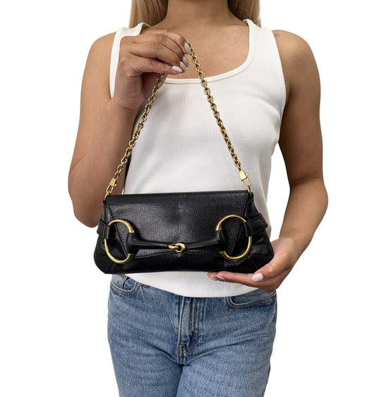 GUCCI Vintage Horsebit Chain Mini Shoulder Bag Leather Black Gold 902408