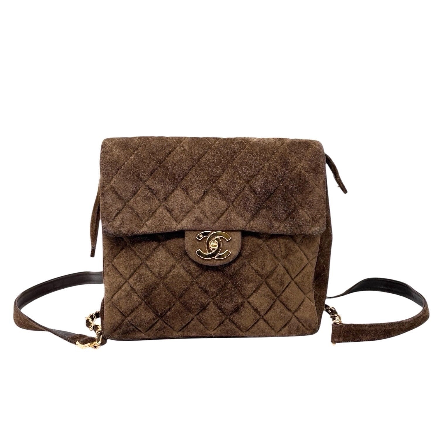 CHANEL Vintage CC Logo Suede Matelasse Backpack Bag Turn Rock Brown Gold