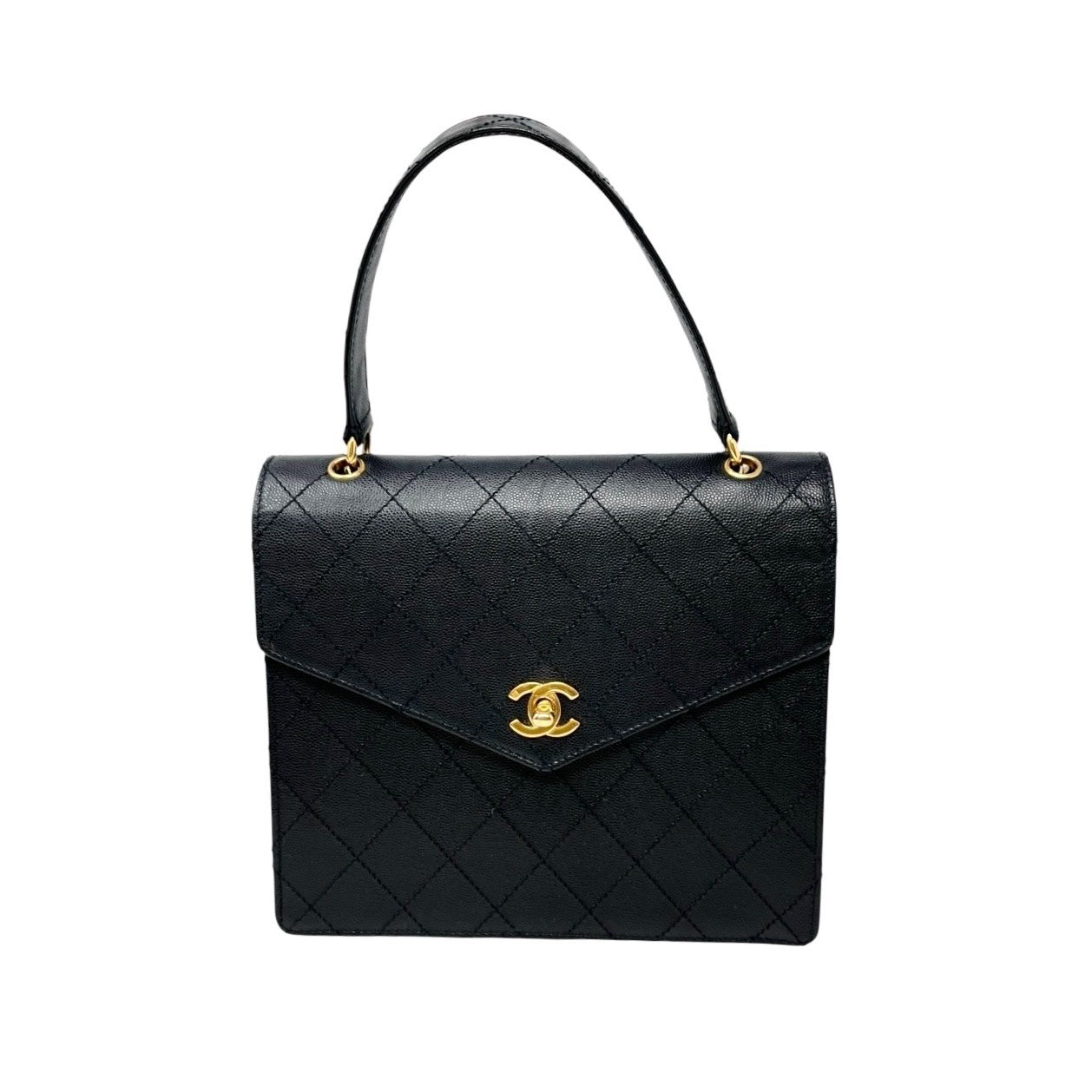 CHANEL Vintage CC Logo Turnlock Quilted Top Handle Bag Black Gold Leather