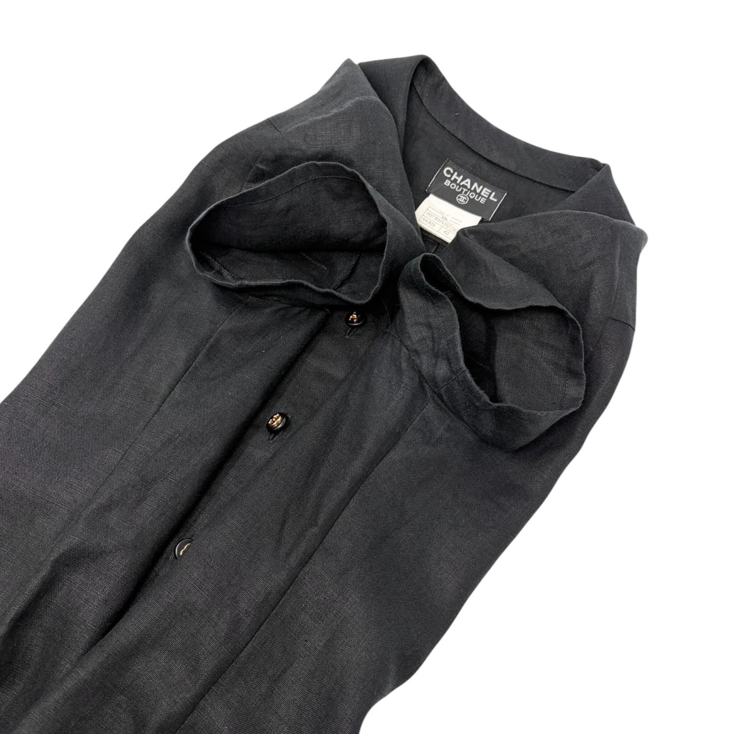 CHANEL Vintage 97P CC Logo Button Linen Shirt Dress One-piece #42 Black
