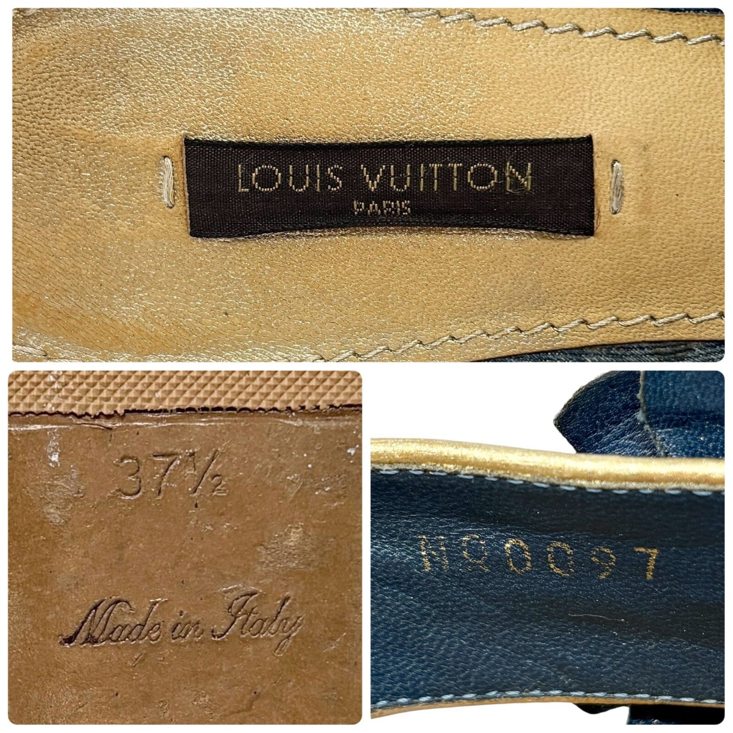 LOUIS VUITTON Vintage LV Monogram Denim Thong Sandals #37.5 Blue Gold Flower