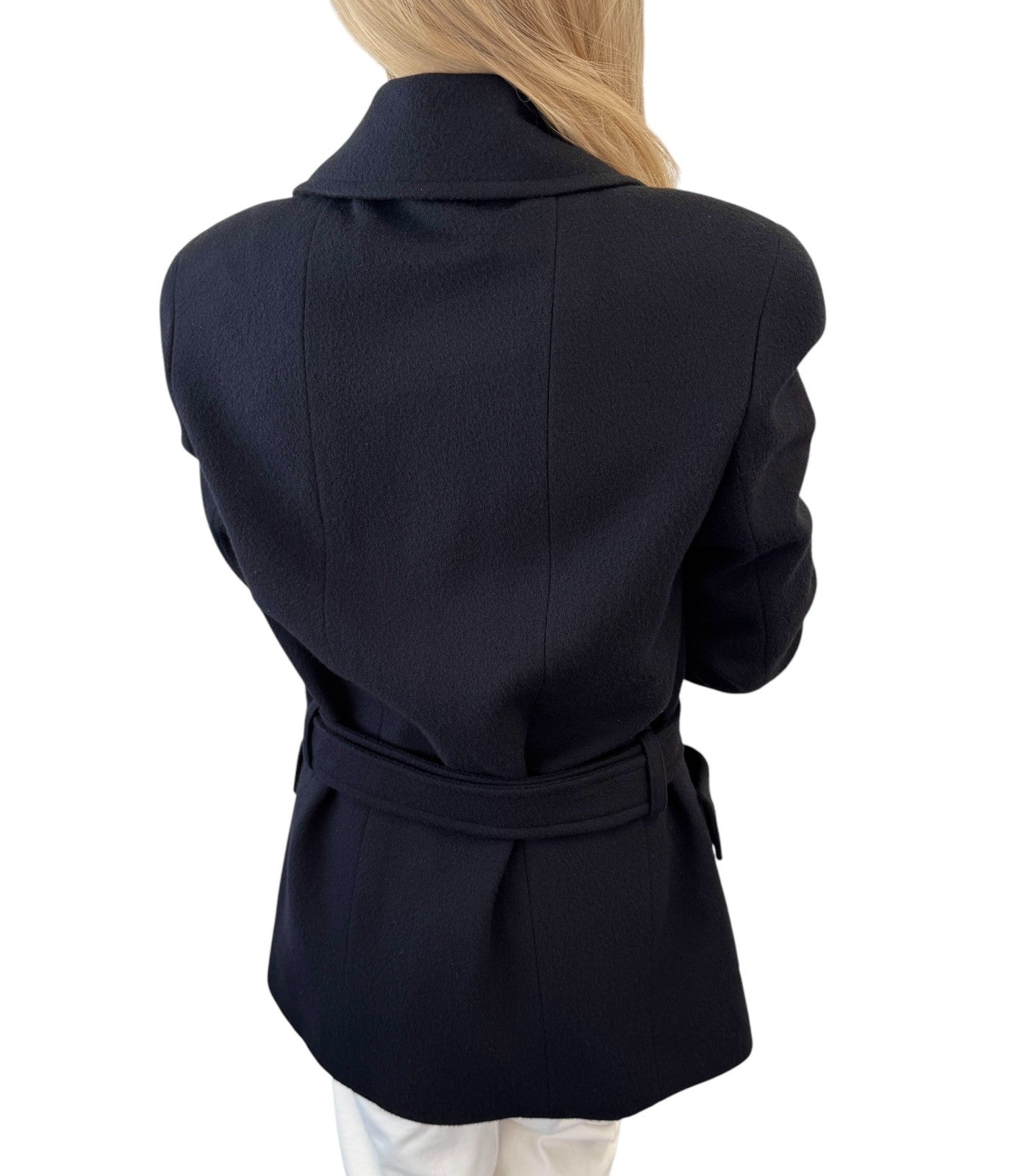 CHANEL Vintage CC Logo Button Cashmere Coat Jacket Belt Black Gold