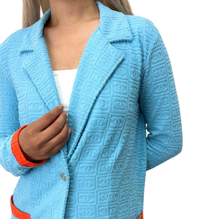 CHANEL Vintage 02S CC Logo Terry Cloth Long Jacket #38 Blue Orange 902835