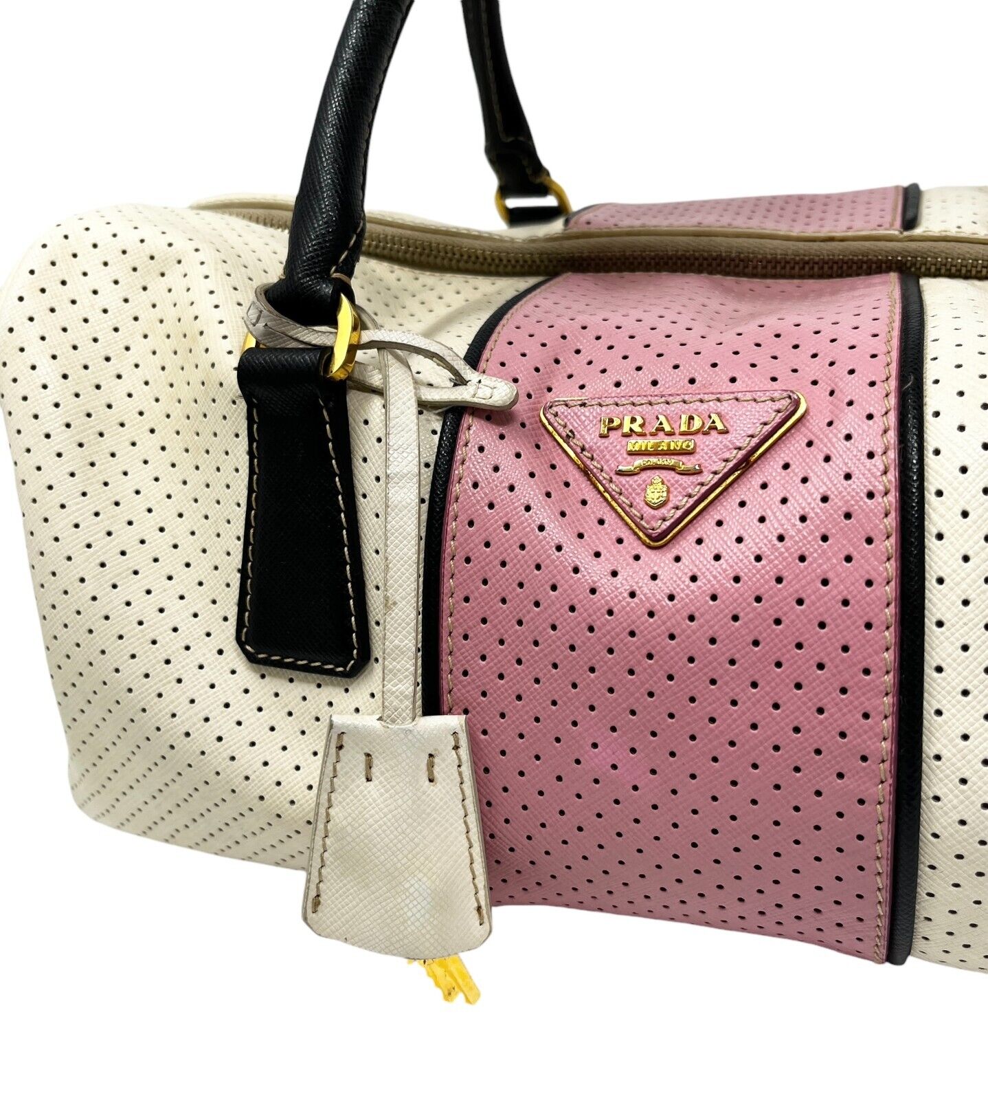 PRADA Vintage Logo Punching Bowling Bag Tote Cream Pink Leather Rank AB