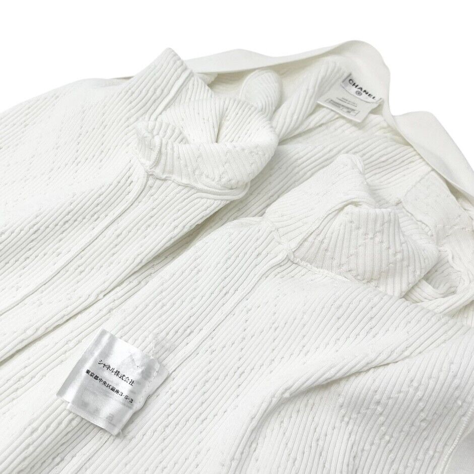CHANEL Vintage 13P CC Mark Logo Knit Cardigan #36 White Cream Cotton Button