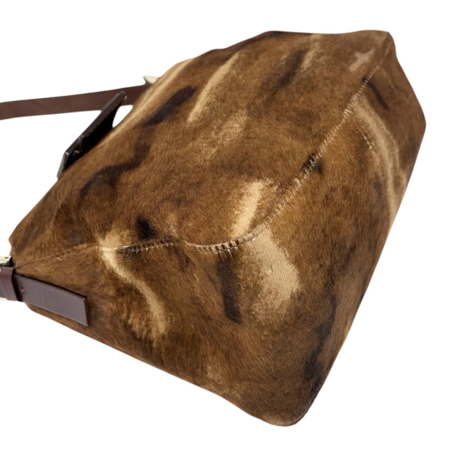 FENDI Vintage FF Logo Mamma Baguette Pony Calf Hair Shoulder Bag Brown Beige