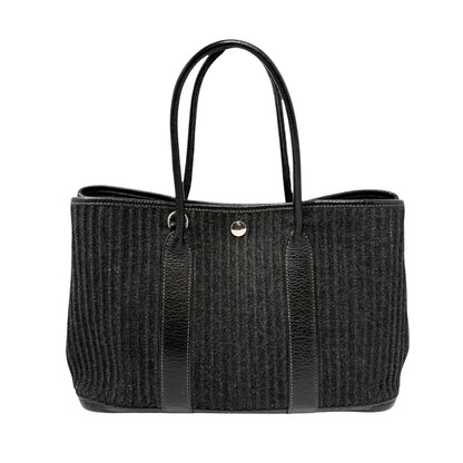 HERMES Vintage Ribbed Wool Garden Party 30 PM 2way Bag Black Silver Leather