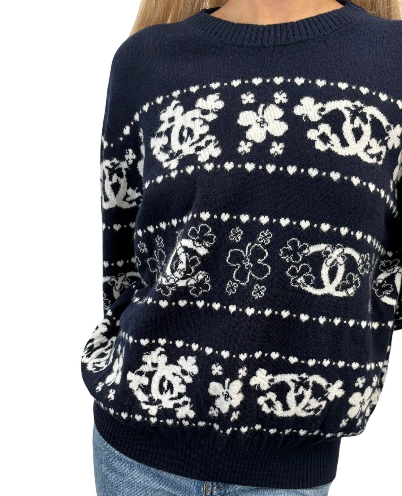 CHANEL Vintage P63037 CC Logo Cashmere Knit Sweater Top #46 Dark Blue Clover