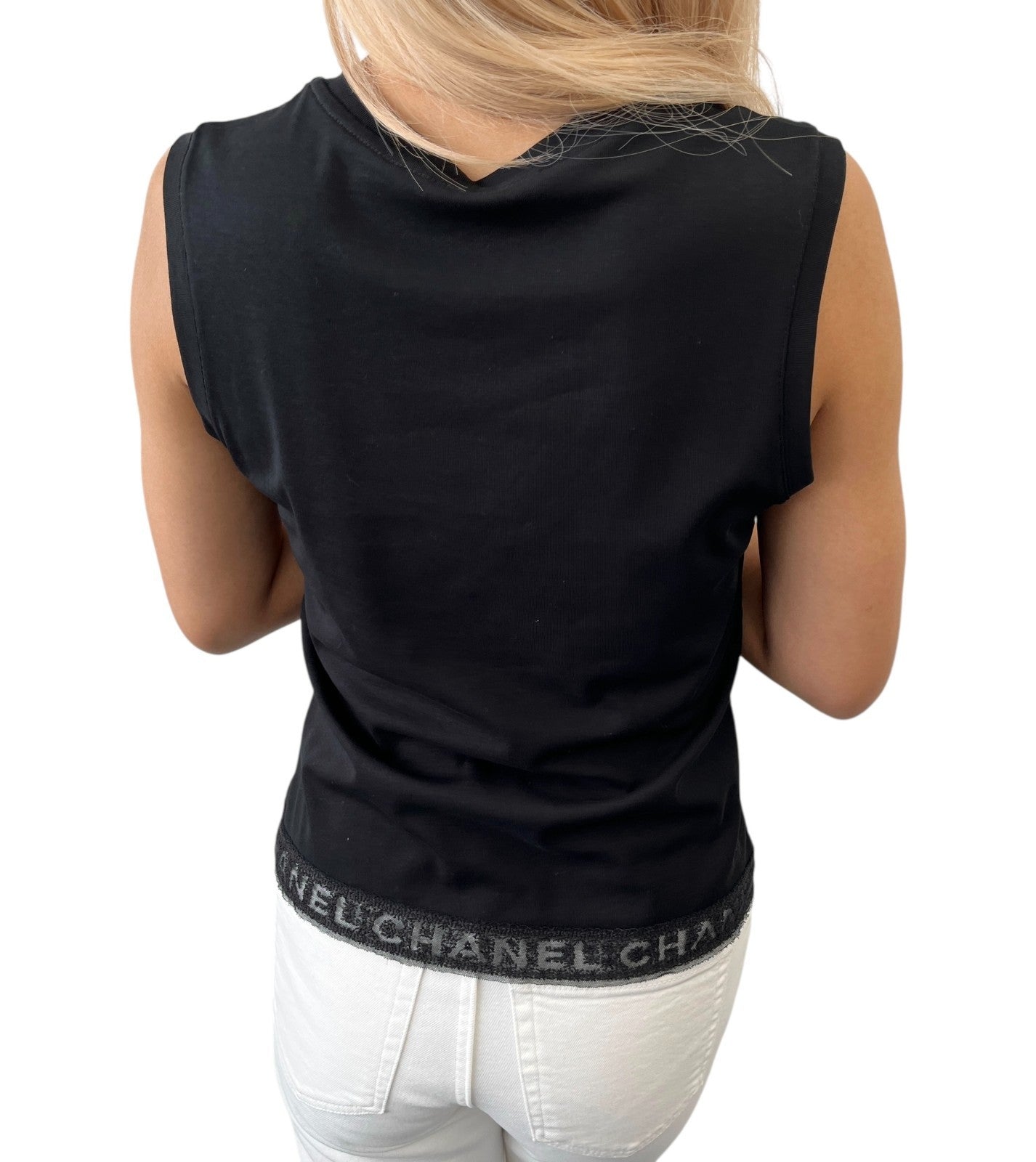 CHANEL Vintage Logo V-neck Tank Top Cotton Black Pullover Sleeveless