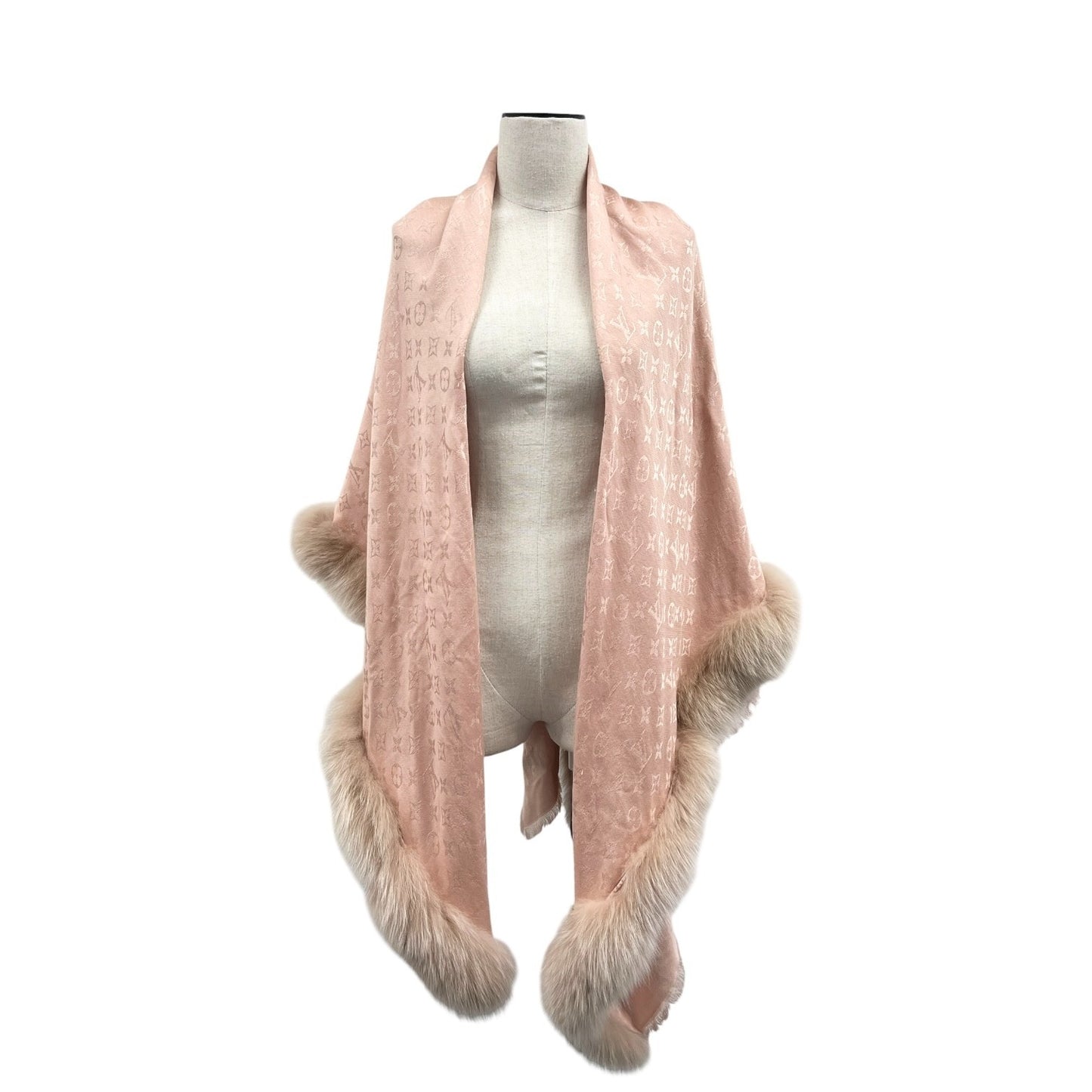 LOUIS VUITTON Vintage LV Monogram Logo Fur Scarf Shawl Wrap Pink Silk 902292