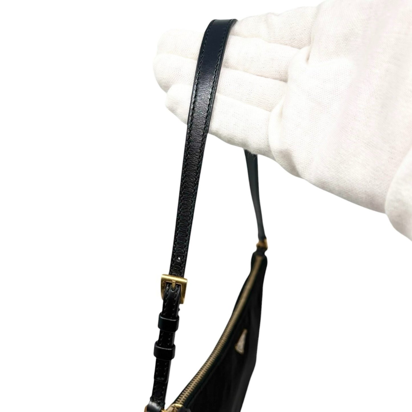 PRADA Vintage Triangle Logo Tessuto Nylon Mini Shoulder Bag Black Gold Leather