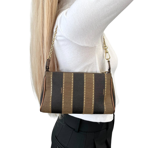 FENDI Vintage Logo Striped Canvas Shoulder Crossbody Bag Brown Black 2way Chain