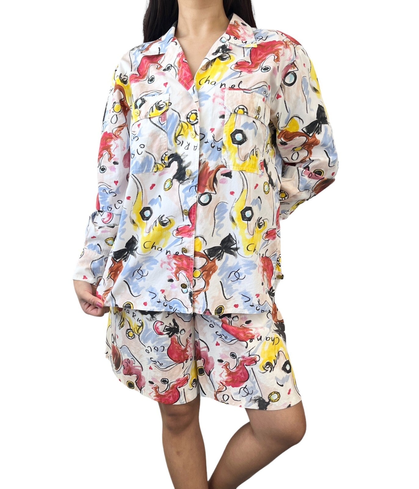 CHANEL Vintage 1995 CC Mark Shirt Shorts Set Button Multicolor Cotton Rank AB+