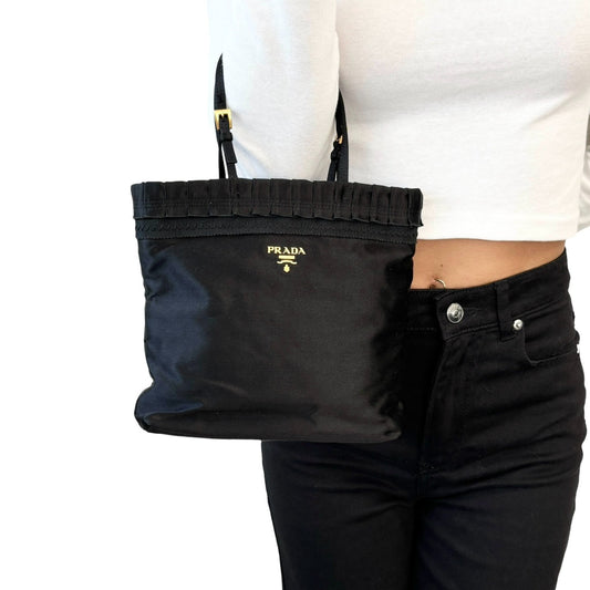 PRADA Vintage Logo Frill Mini Tote Bag Black Gold Satin Button 901834