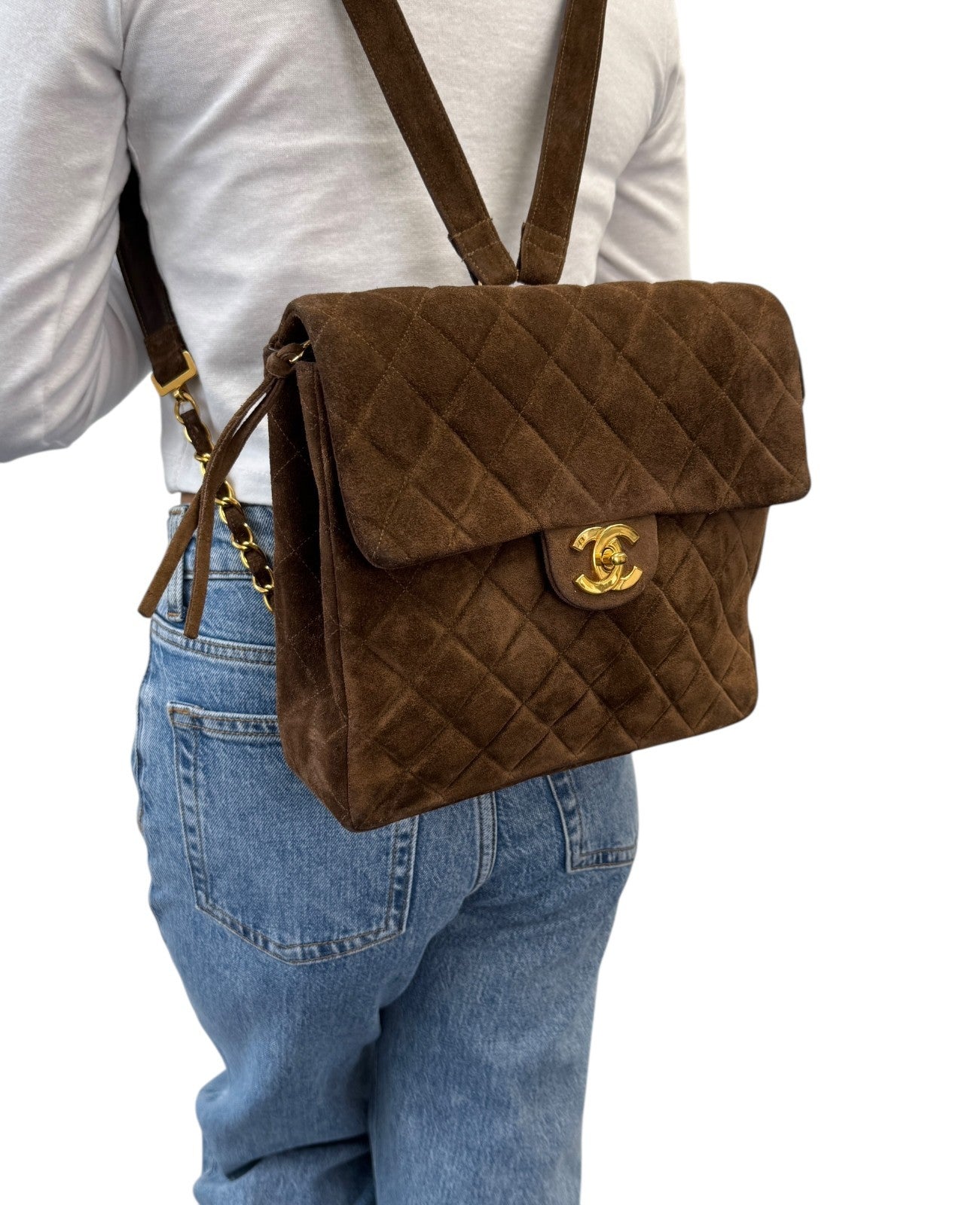CHANEL Vintage CC Logo Suede Matelasse Backpack Bag Turn Rock Brown Gold