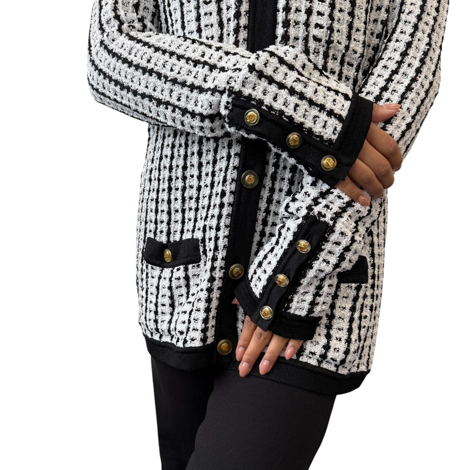 CHANEL Vintage 97P CC Logo Button Tweed Cardigan Sweater Top Black White