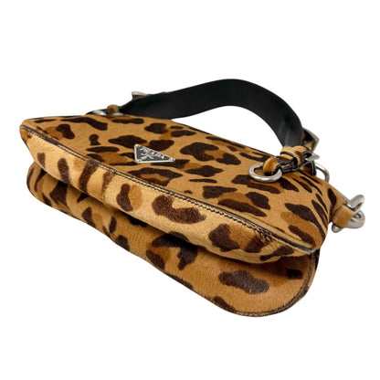PRADA Vintage Logo Leopard Pony Calf Hair Shoulder Bag Brown Camel 902474