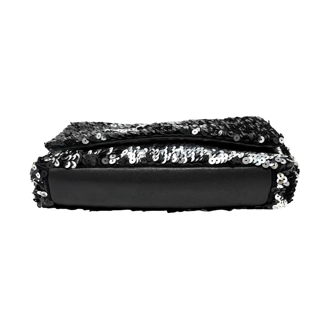 CHANEL Vintage CC Logo Sequins Chain Shoulder Bag Black Silver Leather 902259