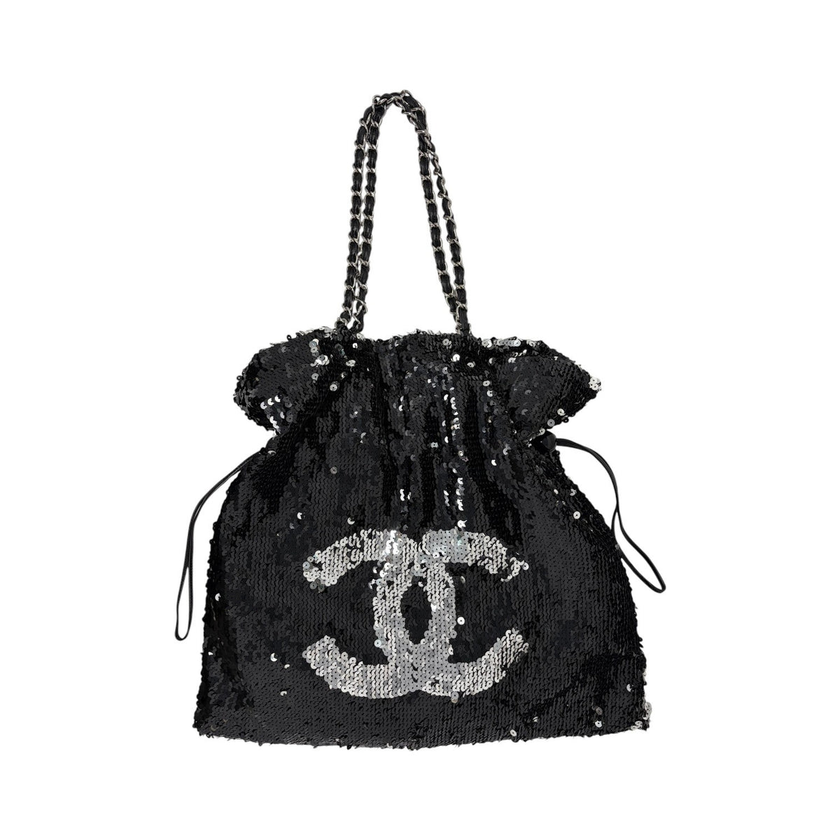 CHANEL Vintage CC Logo Sequins Chain Shoulder Bag Black Silver Leather 902476