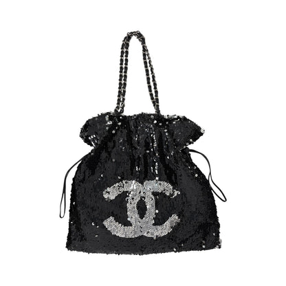 CHANEL Vintage CC Logo Sequins Chain Shoulder Bag Black Silver Leather 902476