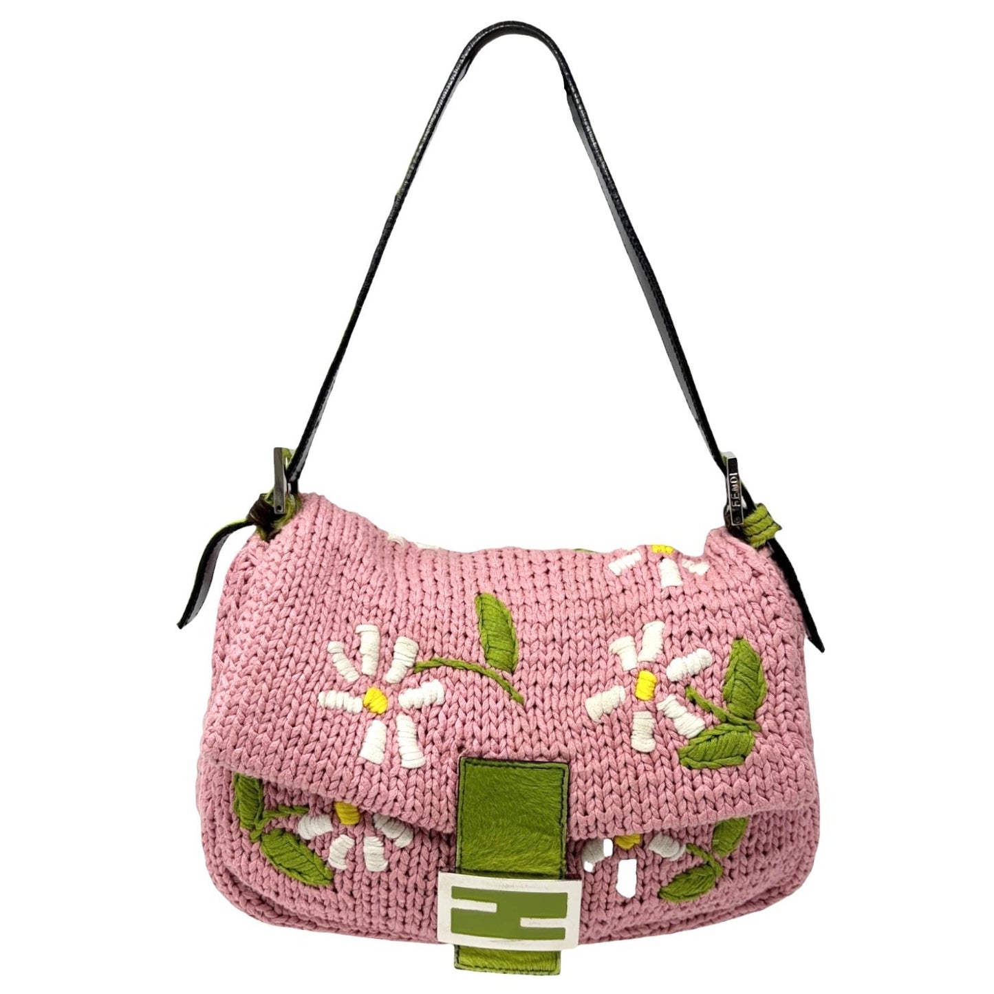 FENDI Vintage Mamma Baguette Crochet Shoulder Bag Flower Pink Wool 901957