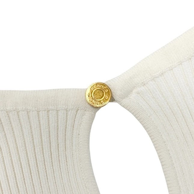 HERMES Vintage Logo Clou de Selle Button Rib Knit Tank Top #L White Gold Viscose
