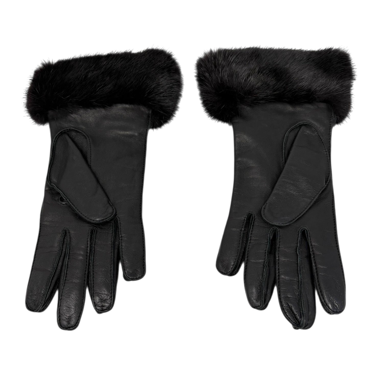 GUCCI Vintage Horsebit Fur Trim Lambskin Leather Gloves #6.5 Black Silver