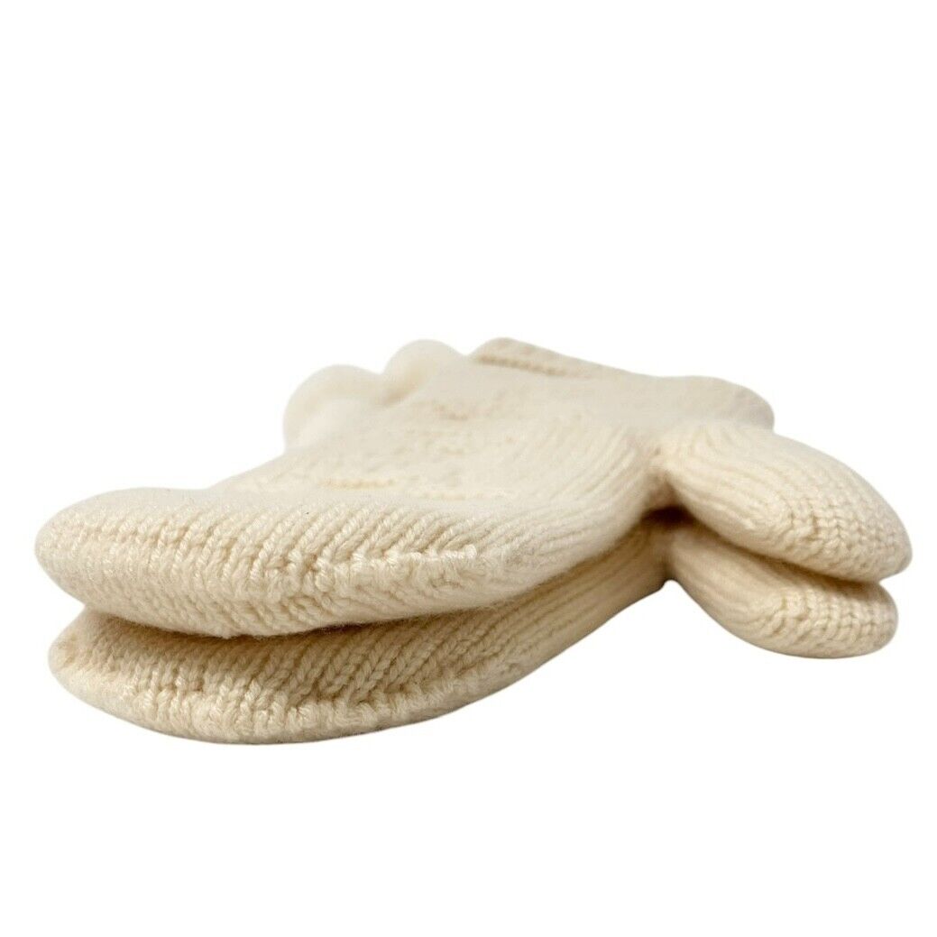 LOUIS VUITTON Vintage LV Logo Knit Gloves Mink Pompons Cream Cashmere