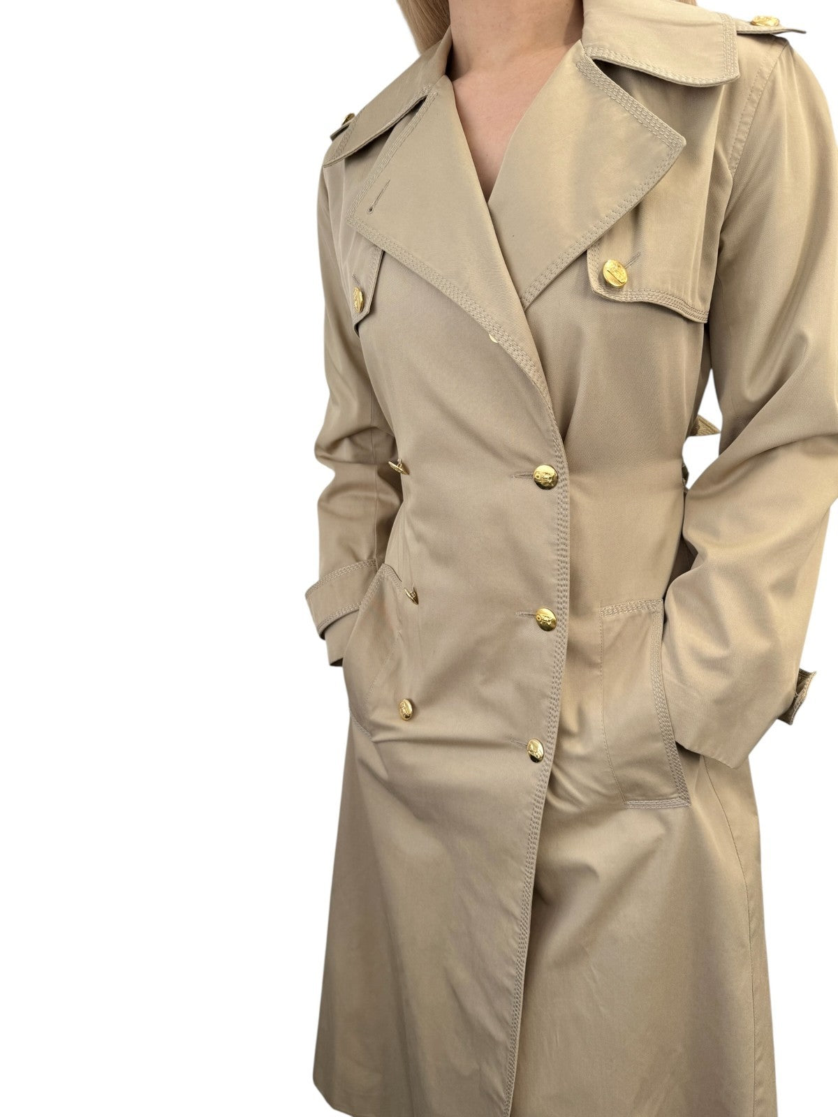 CELINE Vintage Trench Coat Jacket #M Beige Cotton Gold Logo Button