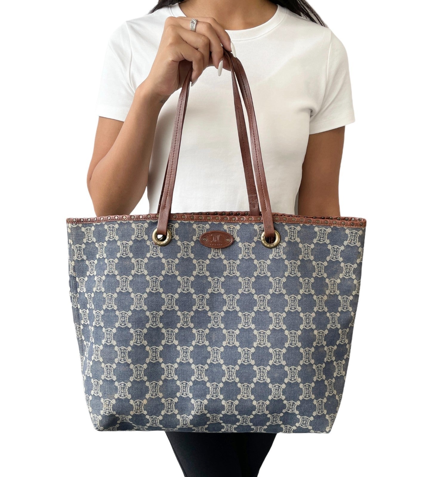 CELINE Vintage Macadam Monogram Logo Denim Tote Bag Blue Gold Cotton Leather