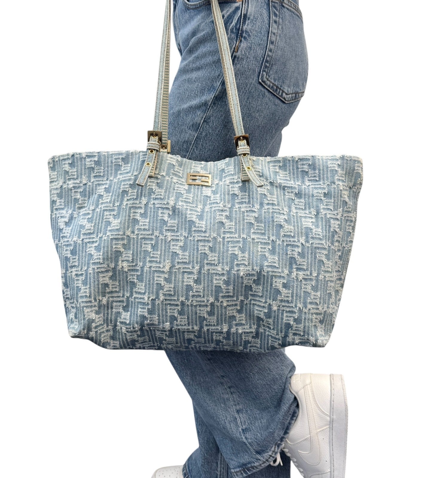 FENDI Vintage Zucca Monogram Denim Shoulder Tote Large Bag Blue FF Logo