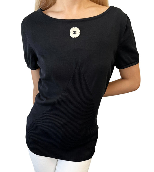 CHANEL Vintage P40798 CC Logo Camelia Knit T-shirt Top #42 Black White 901989