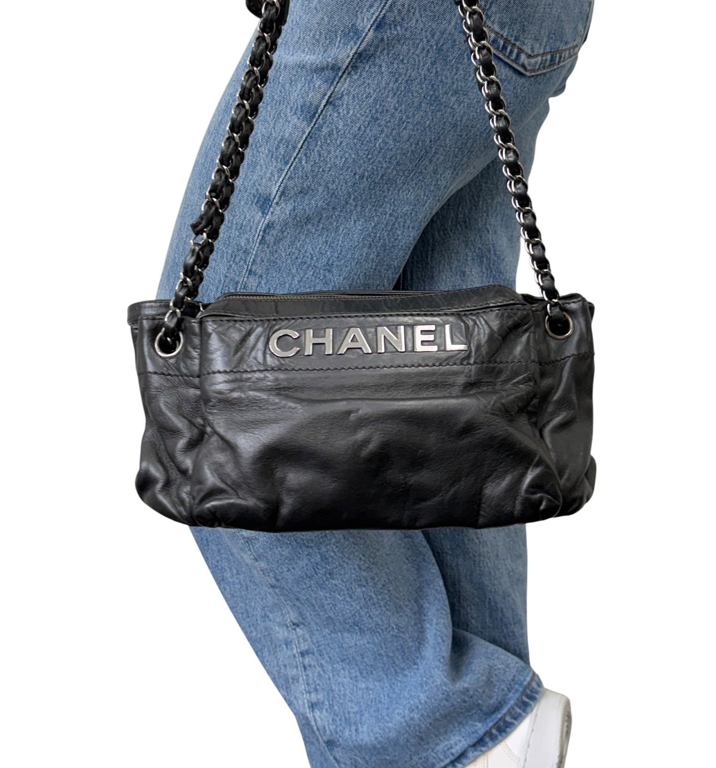 CHANEL Vintage Logo Plate Chain Shoulder Bag Black Silver Leather 902441