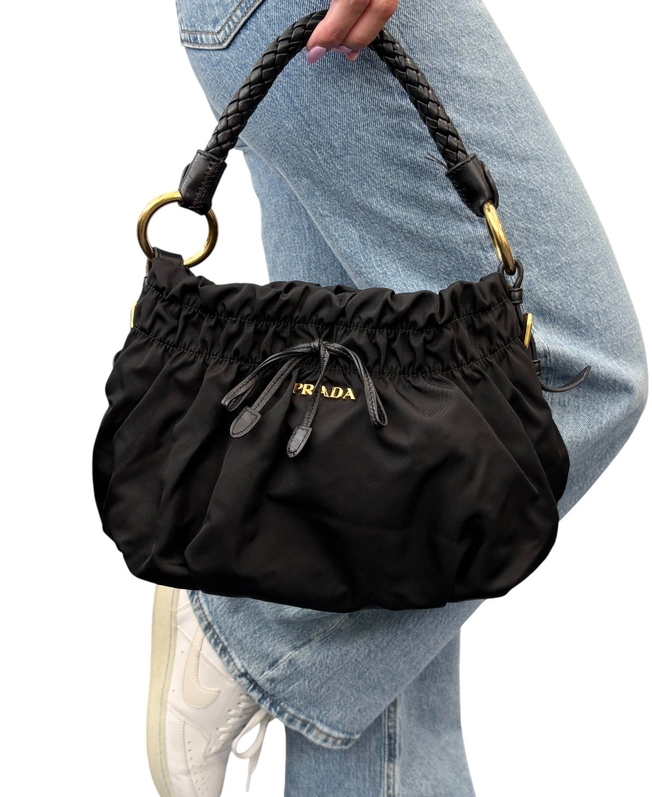 PRADA Vintage Logo Tessuto Nylon Shoulder Bag Black Gold Ribbon Leather