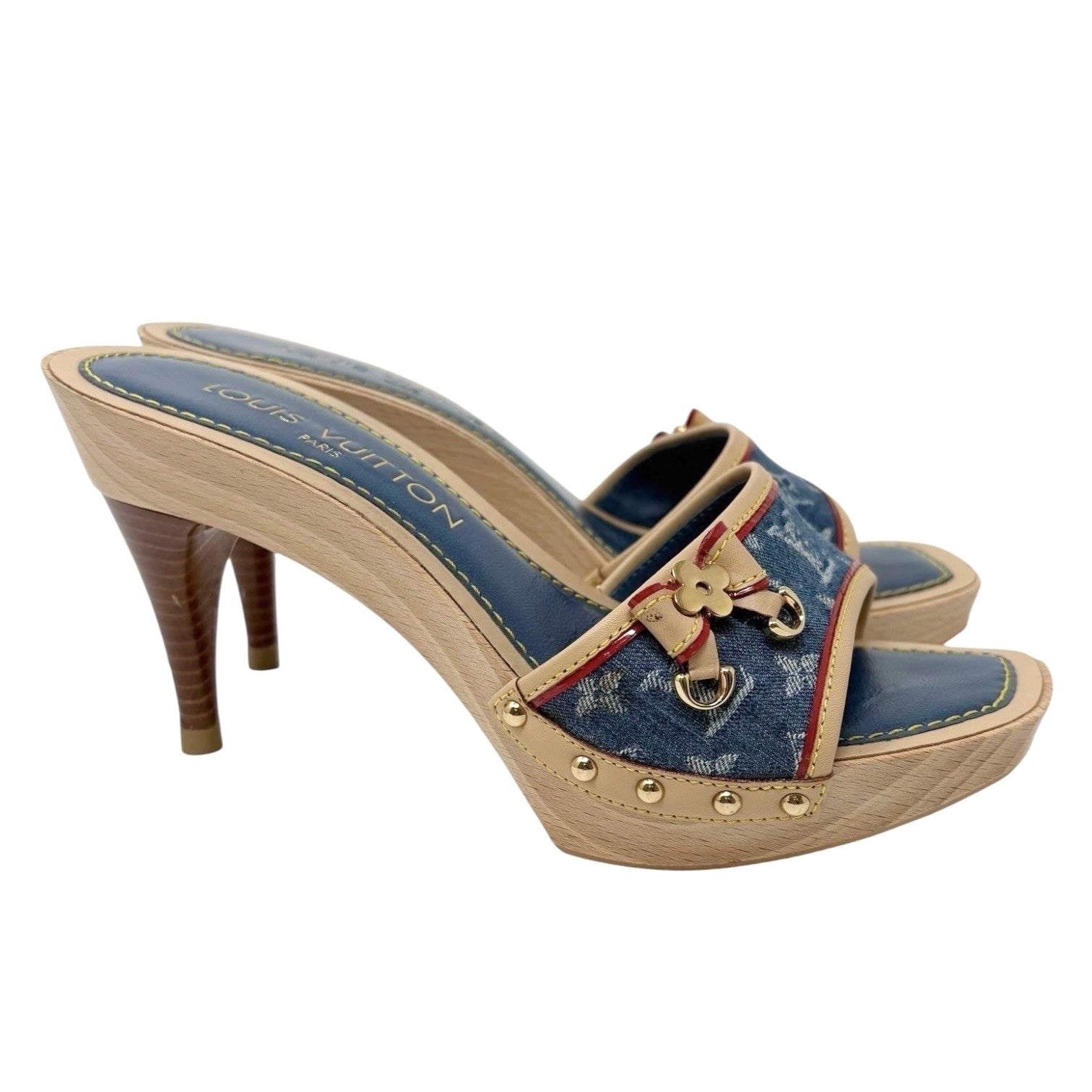 LOUIS VUITTON Vintage Monogram Denim Heels Sandals #36 Blue Beige Ribon