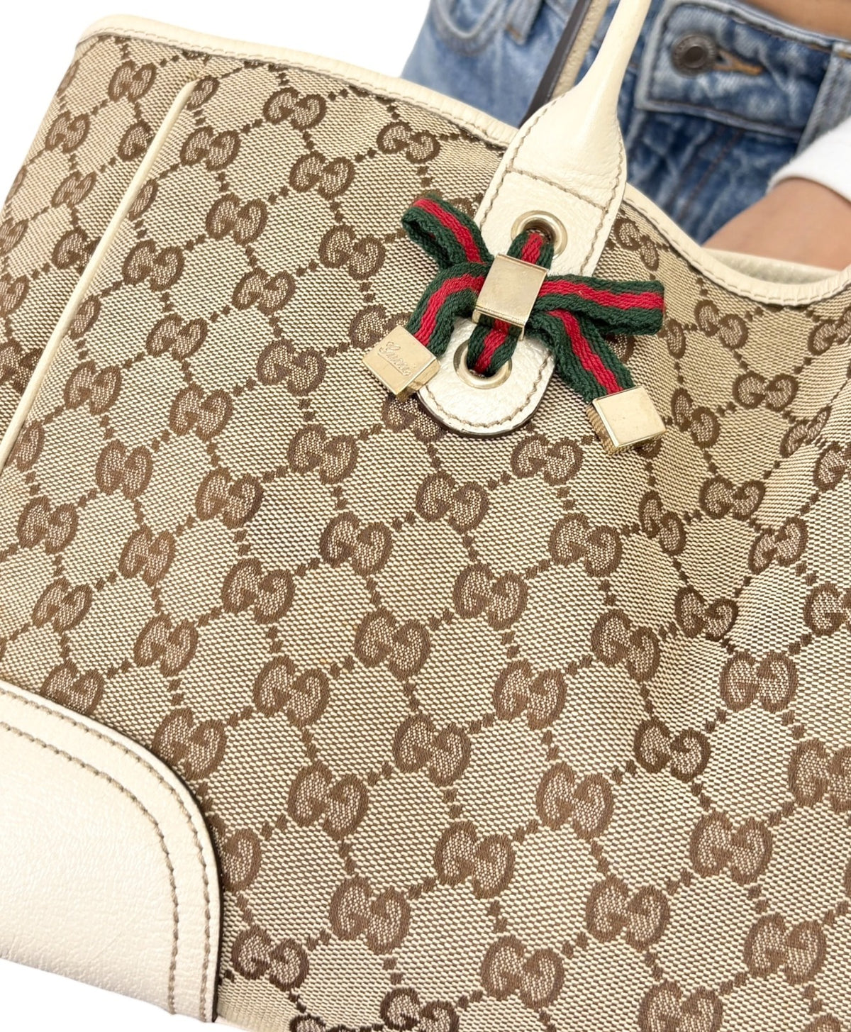 GUCCI Vintage GG Monogram Web Stripe Ribbon Tote Shoulder Bag Beige 902324
