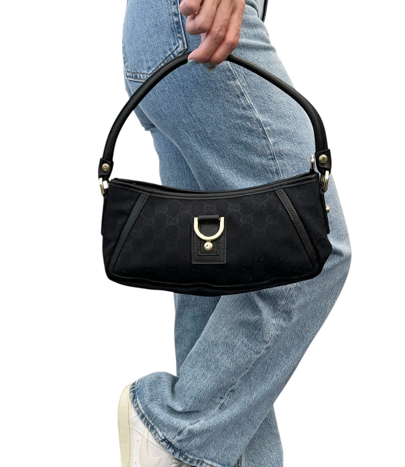 GUCCI Vintage GG Monogram Abbey Canvas Shoulder Bag Dark Blue Black Gold