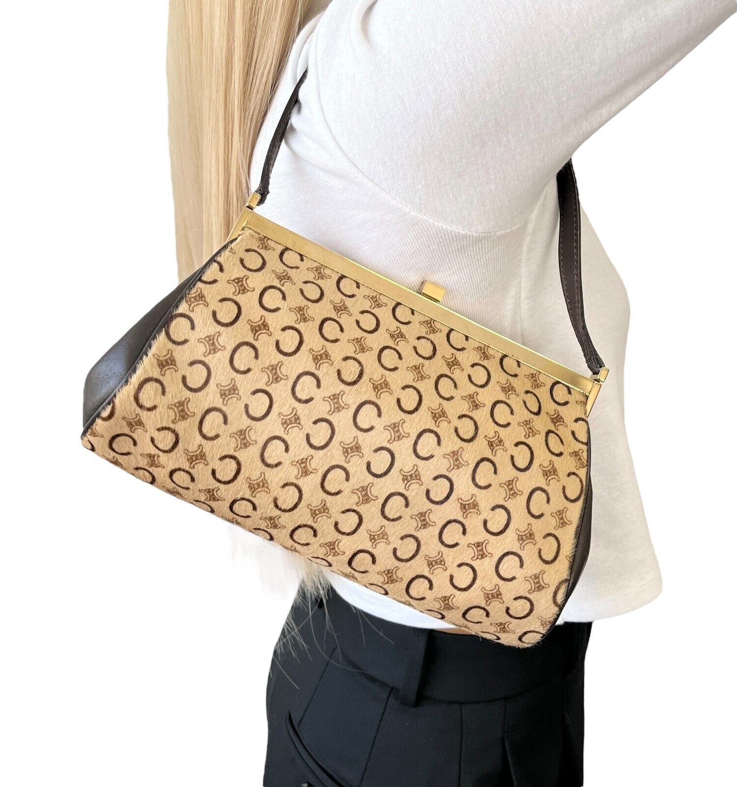 CELINE Vintage Macadam Monogram Logo Shoulder Bag Beige Brown Calf Hair Leather