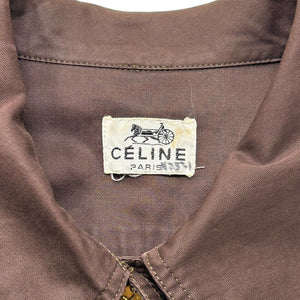 CELINE Vintage Logo Long Coat Cotton Brown Gold Button Pockets Rank AB