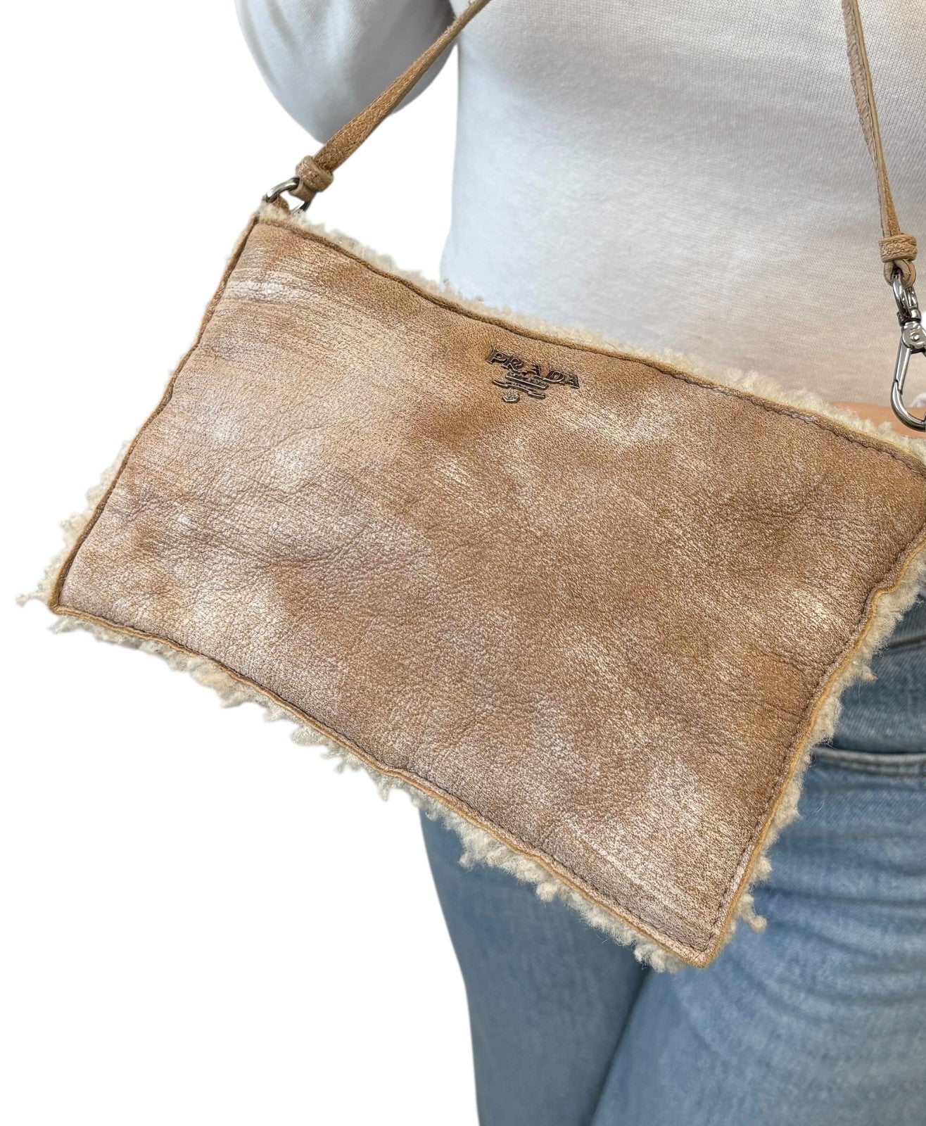 PRADA Vintage Logo Shearling Leather Mini Bag Pochete Pouch Beige White Suede