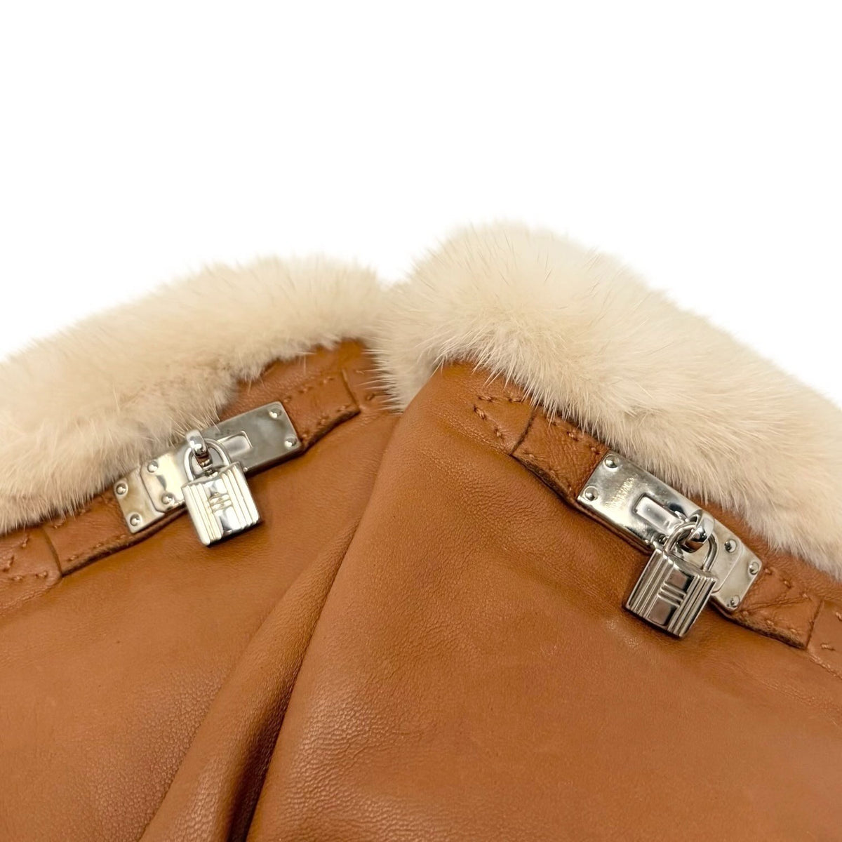 HERMES Vintage Kelly Padlock Cadena Fur Trim Leather Gloves #7 Brown 902367
