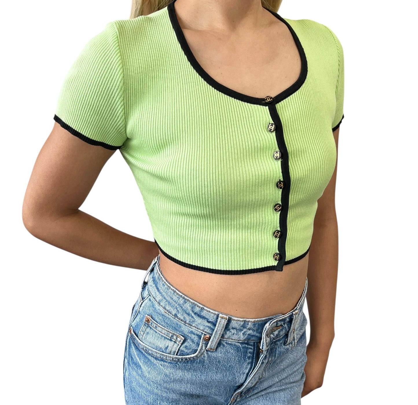 CHANEL Vintage 95P CC Logo Button Knit Cropped Ribbed T-shirt #38 Green Cotton